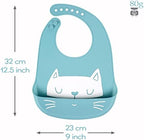 Demonstration of a flexible YINGJEE silicone baby bib being rolled up compactly for diaper bag travel storage.