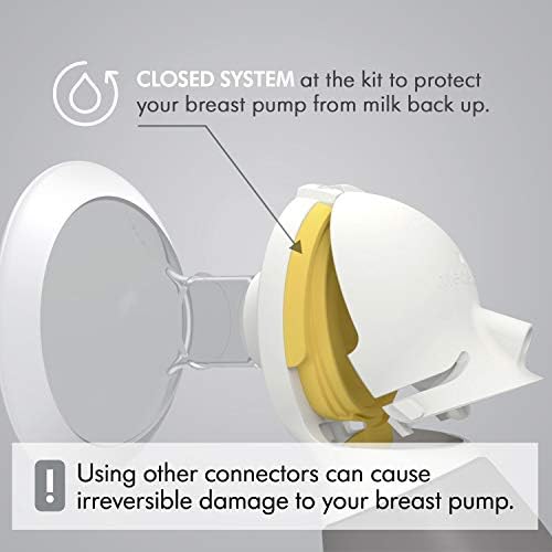 Two pack of Medela PersonalFit Flex connectors displaying the secure closed system housing design
