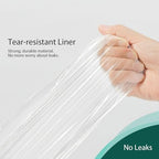 Universal fit white potty liner bag stretched over a blue toddler toilet seat container