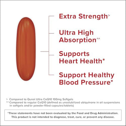 Qunol Ultra CoQ10 supplement bottle showcasing patented water and fat soluble high absorption formulation facts