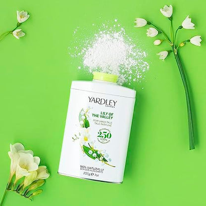 Yardley London 7 ounce perfumed talcum powder for skin softening and freshness.