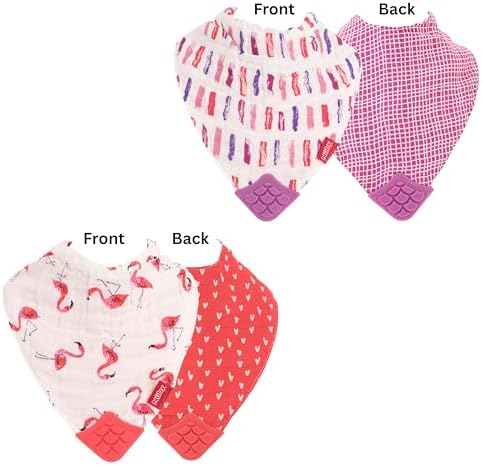 Baby wearing Nuby muslin bandana bib for teething support.