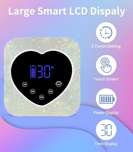 Close up look at the heart-shaped touch control panel displaying the five timer settings and battery level indicator.