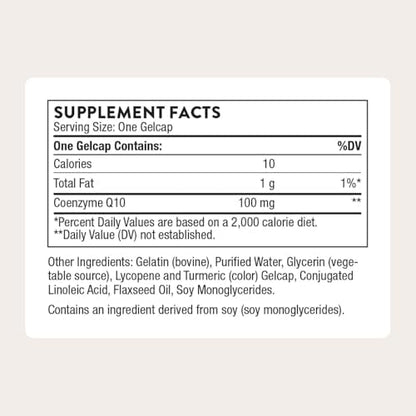 Thorne ubiquinone 100mg dietary supplement bottle showing ingredient facts label