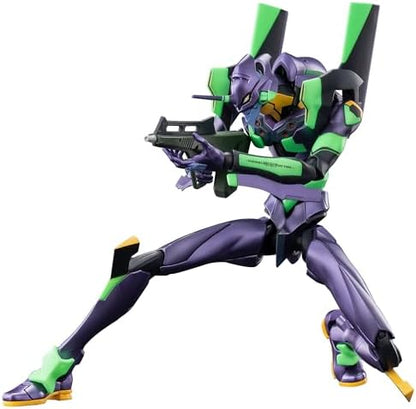 Blokees Evangelion Test Type 01 model kit in a dynamic crouching combat stance on its recharge display base