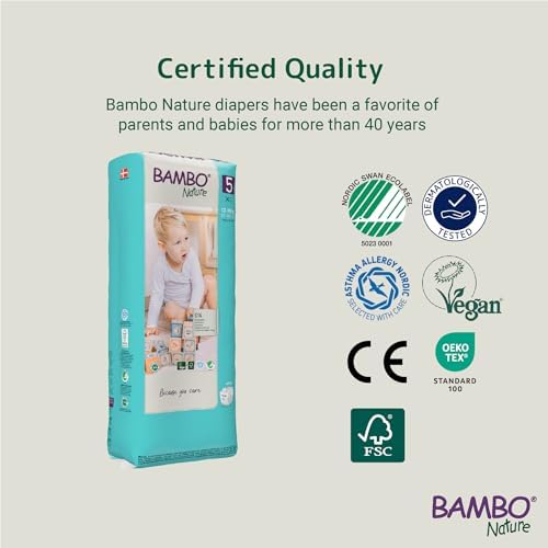 Bambo Nature eco-labeled infant nappies bulk pack showing Nordic Swan certification labels