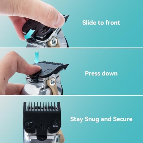 Top down perspective of the black rectangular plastic storage box containing the complete ten piece barber attachment set