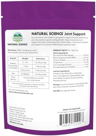 Back of Oxbow Joint Support bag with feeding instructions for rabbits and guinea pigs