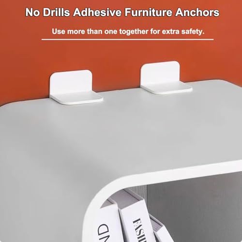 Adhesive safety straps securing a tall bookshelf to the wall for toddler protection.