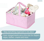 Mr. Pen pink baby gift basket setup in nursery