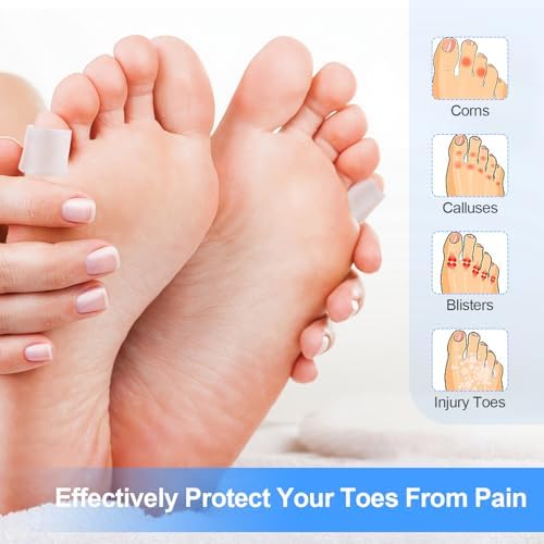 Soft medical grade silicone toe covers being applied to the small toe