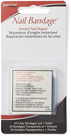 Nail Tek clear adhesive nail repair tabs with included buffer tool.