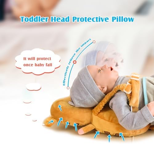 Side profile of baby wearing Kellody head protector cushion