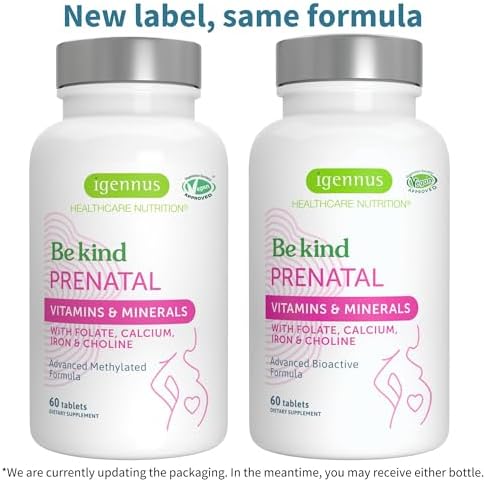 Igennus Be Kind Prenatal supplement bottle back label with ingredients