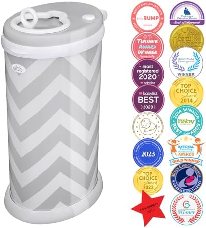 Ubbi gray chevron diaper disposal bin side angle showing sliding lid