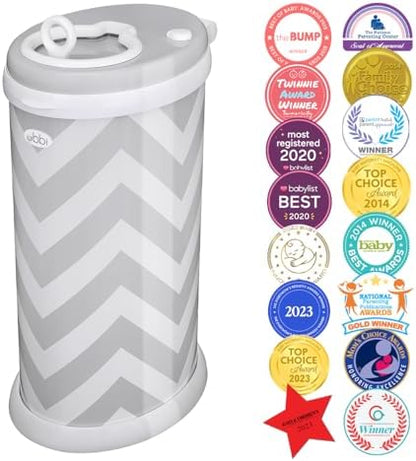 Ubbi diaper bin showing sliding lid mechanism