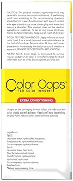 Color Oops bleach free color corrector kit showing instructions and application bottles