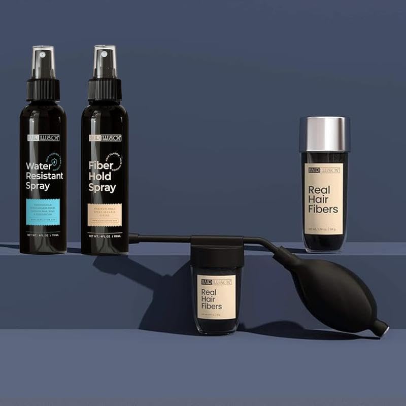 Hair Illusion real hair fibers combo kit front view packaging and accessories