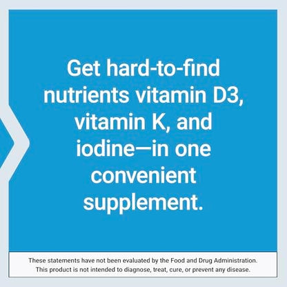 Life Extension bone and thyroid support vitamins D and K with sea iodine capsules product packaging close up details