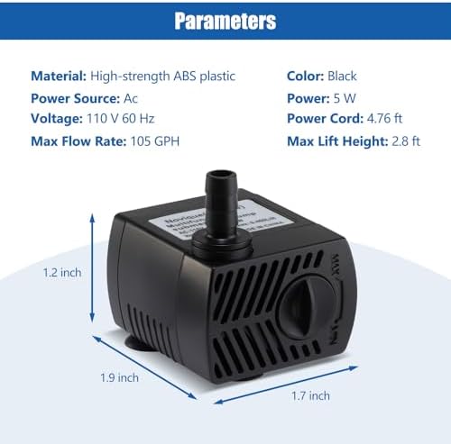 Novique hydroponic water pump showing the two included interchangeable nozzle attachments.