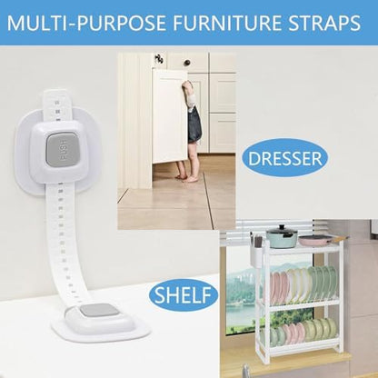 YEYA damage-free adhesive wall anchor applied to a tall wardrobe cabinet to prevent accidental tipping.