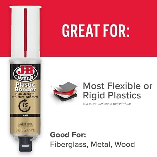 Quick setting J-B Weld plastic repair adhesive syringe ideal for automotive bumpers and trim fixes.
