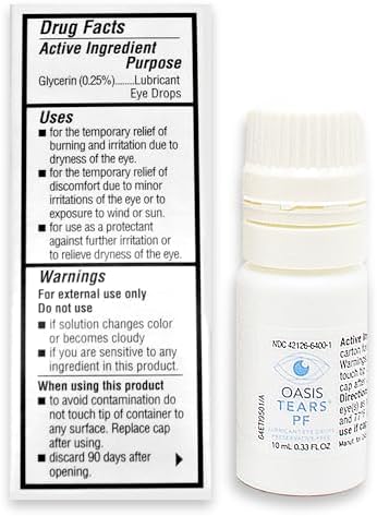 Oasis Tears artificial tears packaging highlighting the preservative-free formula benefits.