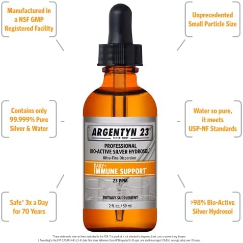 Argentyn 23 Professional Colloidal Silver liquid dropper bottle displaying supplement facts and 23 ppm concentration details.
