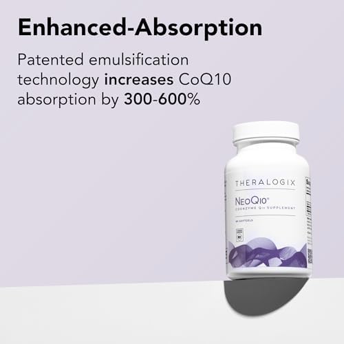 Theralogix NeoQ10 container displaying the NSF certified mark and enhanced absorption formulation details