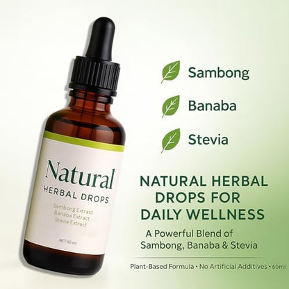 FQMUEV liquid wellness supplement bottles showing Sambong and Banaba ingredients