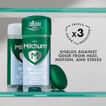 Side angle view of Mitchum men deodorant gel showing clear twist up applicator design