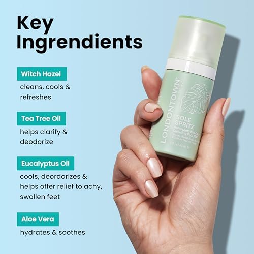 An angled view of the authentic USA imported Londontown foot mist showing application nozzle and clear product labeling