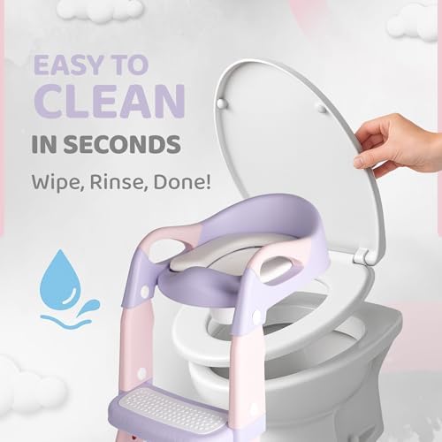 Three-in-one toddler toilet trainer ladder standing independently in a modern family bathroom setting.