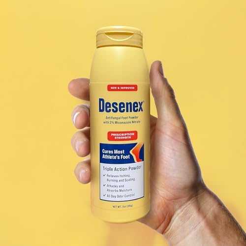 Close up of Desenex athlete foot treatment powder highlighting the prescription strength label