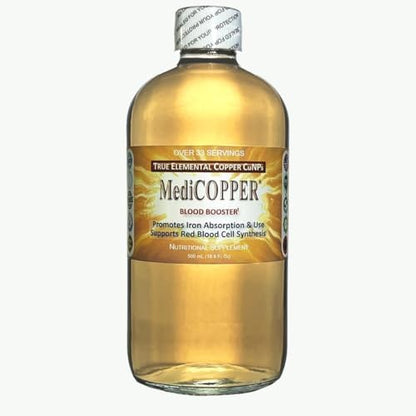 Nutraneering MediCOPPER True Colloidal Copper liquid trace mineral supplement nutritional facts label side view.