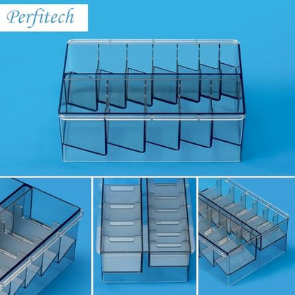 Compact desktop placement of the Perfitech hair trimmer blade storage box beside grooming tools