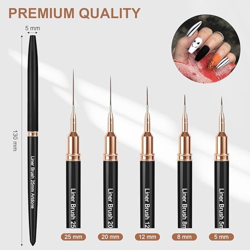 Close up view of Artdone professional black metallic nail liner brushes