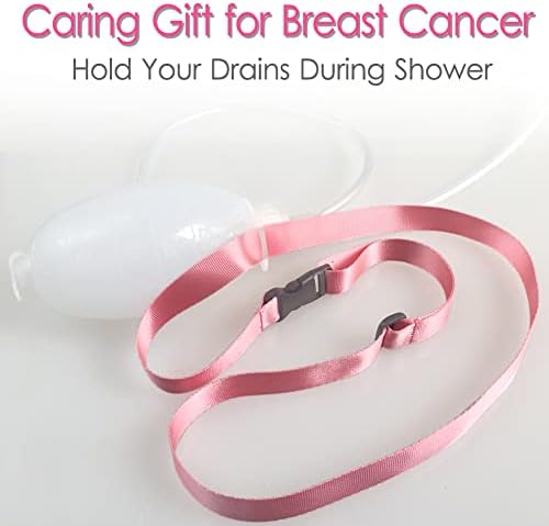 Pink medical drain lanyard holding multiple Jackson-Pratt drainage bulbs for hands-free showering.