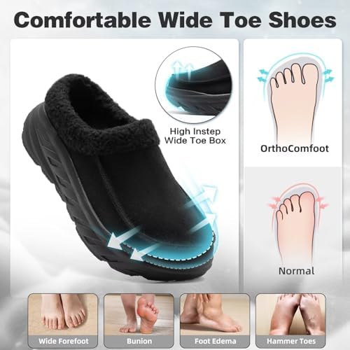 Black leather orthopedic slippers for men with warm plush lining for winter.