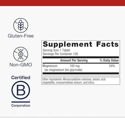 Metagenics Magnesium Glycinate supplement facts label showing highly absorbable ingredients