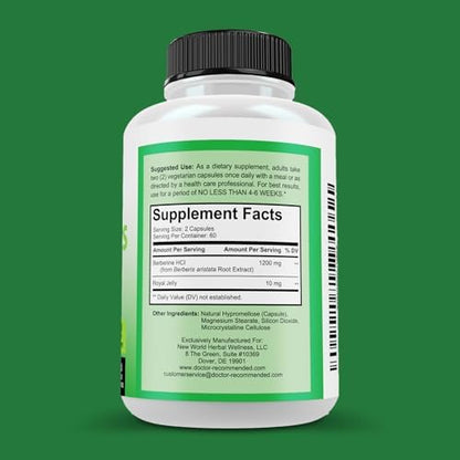 Doctor Recommended Supplements Berberine Plus supplement facts and 1200mg ingredient breakdown panel