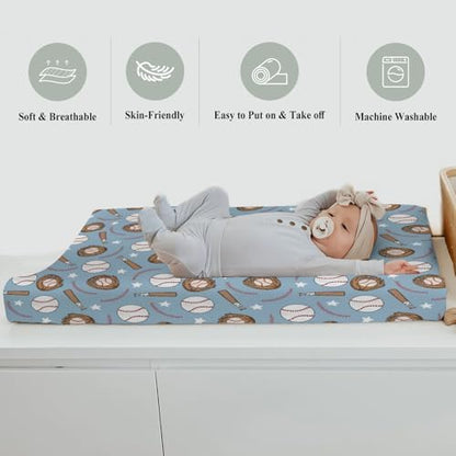 Folded blue baseball patterned baby changing pad cover