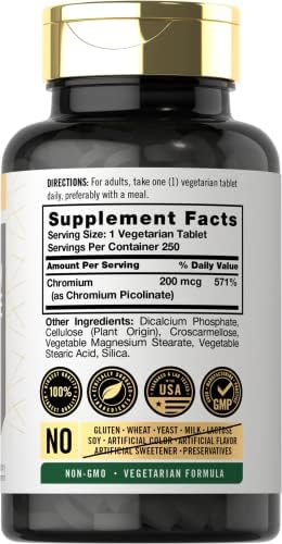 Carlyle Chromium Picolinate supplement nutrition facts and ingredient list side label