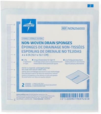 Medline medical grade nonwoven split gauze pad lying flat for tracheostomy care application.