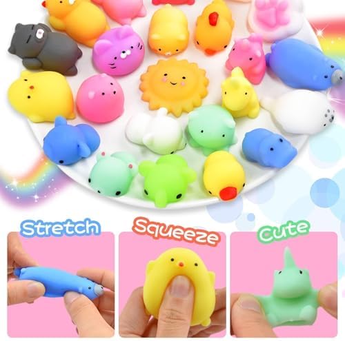 Variety of colorful mini animal and fruit mochi squishies