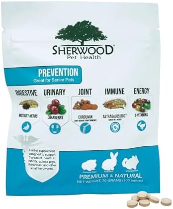 Sherwood Pet Health small herbivore daily supplement packaging highlighting grain free and soy free formula