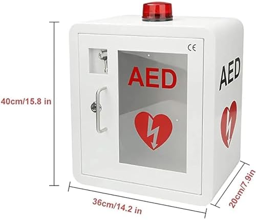 Steel AED storage box with flashing alarm light and transparent window for emergency safety.