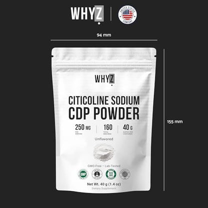 WHYZ Citicoline powder dietary supplement nutrition facts and serving size information label.