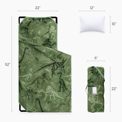Wake In Cloud toddler sleeping mat unrolled on a daycare cot with elastic straps attached.