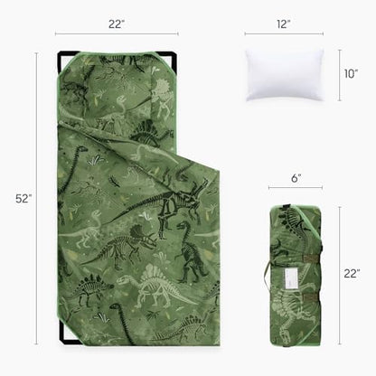 Wake In Cloud toddler sleeping mat unrolled on a daycare cot with elastic straps attached.
